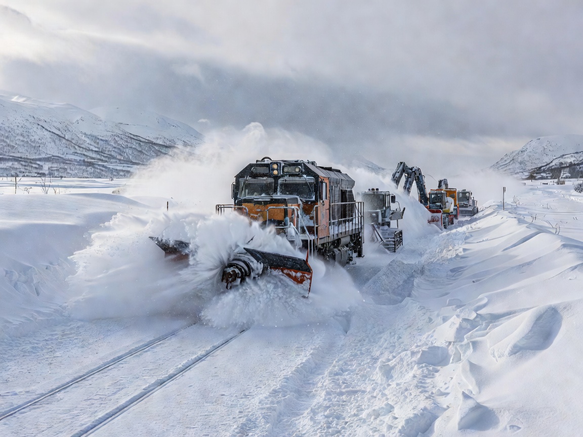 Tungt utstyr rydder store mengder snø fra jernbanesporet om vinteren