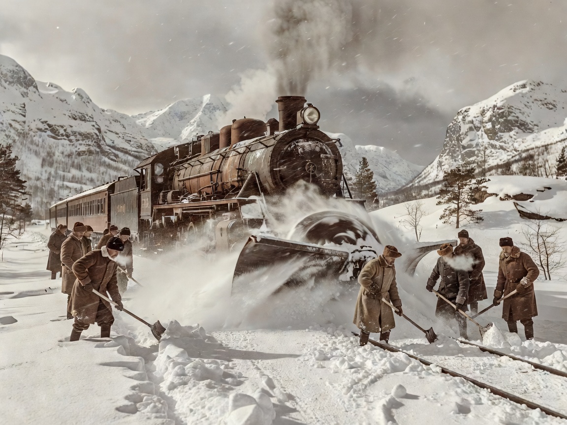 Historisk bilde av snørydding på Bergensbanen