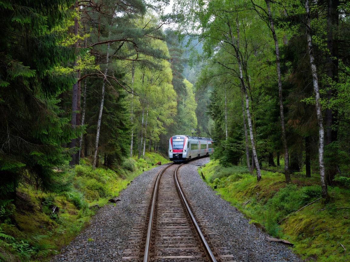 Et velkomponert fotografi av et tog på trygg avstand, rammet inn av norsk skog