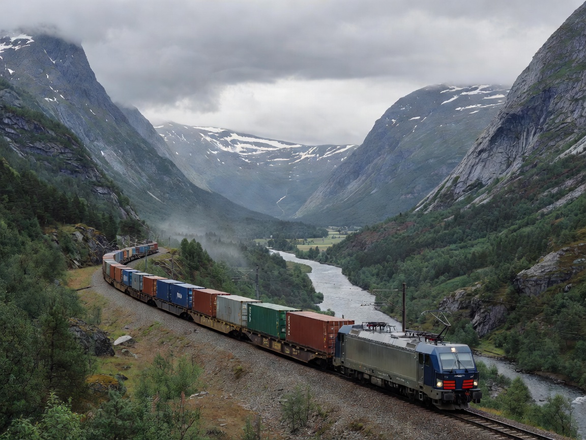 Godstog lastet med containere på vei gjennom en dal
