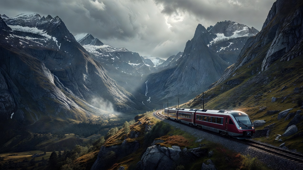 Realistisk norsk tog som reiser gjennom et dramatisk nordisk fjellandskap